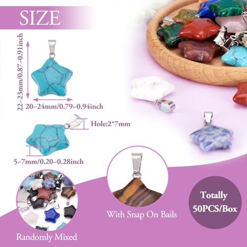 50Pcs Star Stone Pendants Healing Crystal Quartz Chakra Gemstone Rock Charms Random Mixed for Necklace Jewelry Making Hole: 2x7mm - color: 1-Mixed Color-Star-Random