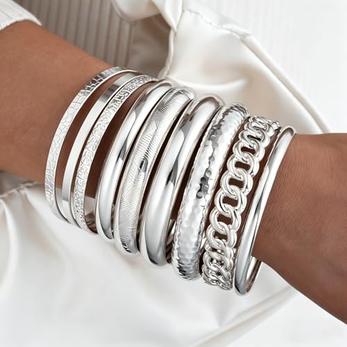 ÌF ME Gold Bangle Bracelets for Women, 19Pcs Multi Stackable Textured Bangles Set, 14K Gold Plated Chunky Bracelet Boho Jewelry Gifts - color: Silver