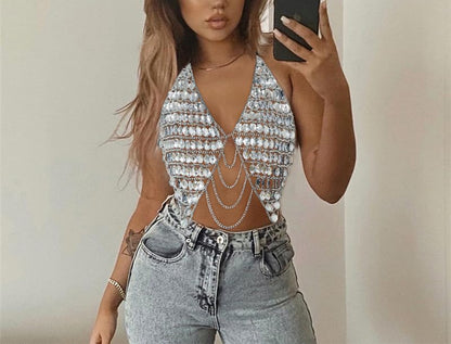 Crystal Chest Chain Festival Rave Party Outfit Top Body Chain Women Sparkly Rhinestone Halter Bra Chain Nightclub Crop Top Body Jewerly