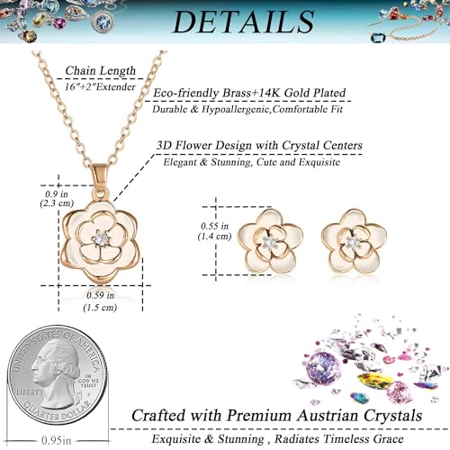 EVEVIC Dainty Flower Pendant Necklace Earrings for Women 14K Gold Plated Hypoallergenic Jewelry Sets - color: White /Rose Gold-tone
