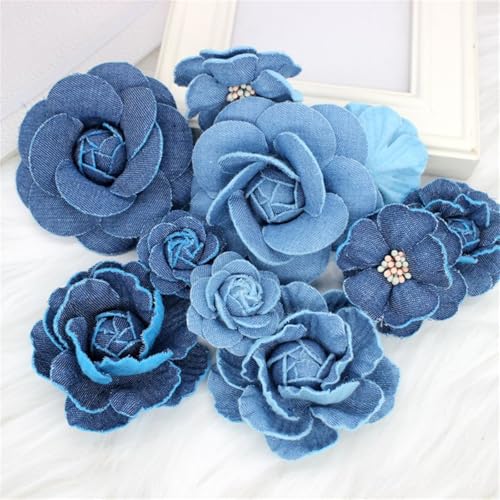 Dreuyet 10 PCS Denim Fabric Flower Brooch Pins with Hair Clips Denim Ribbon Fabric Camellia Flowers Corsage Pin Clip Sweater Coat Dress Suit Backpack Clothes Accessories