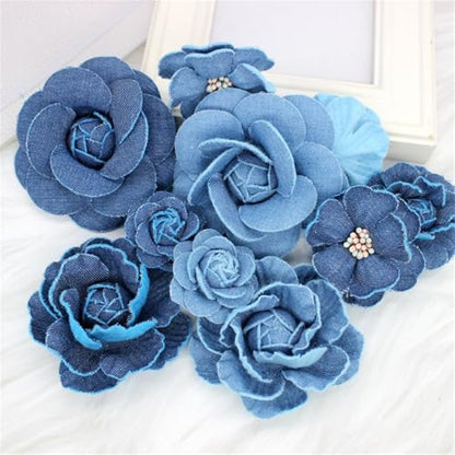 Dreuyet 10 PCS Denim Fabric Flower Brooch Pins with Hair Clips Denim Ribbon Fabric Camellia Flowers Corsage Pin Clip Sweater Coat Dress Suit Backpack Clothes Accessories
