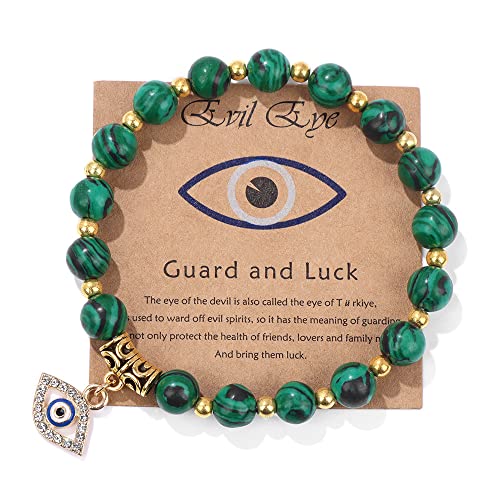 Evil Eye Bracelet for Women Men Natural Stone Beads Handmade Bracelet Inspirational Bracelet with Gift Message Card Kabbalah Protection Good Luck Jewelry Gift - color: Green