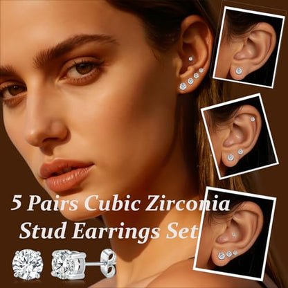6 Pairs Cubic Zirconia Stud Earrings for Women/Men - Round Cut 4 Prong Settings 18K Gold Plated Hypoallergenic 3-8mm Clear Earrings Set - color: 3-7mm Wihte Gold - Round 4 Prong