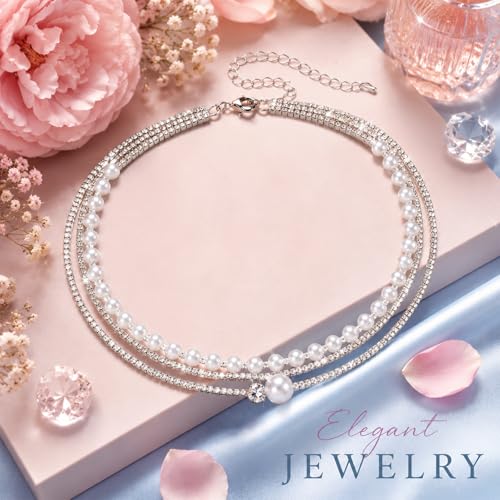 3-Layered Rhinestone Pearl Choker Necklaces for Women, Vintage Silver Necklace Prom, Multi Strand Pearl Necklace Choker for Women Wedding Bride