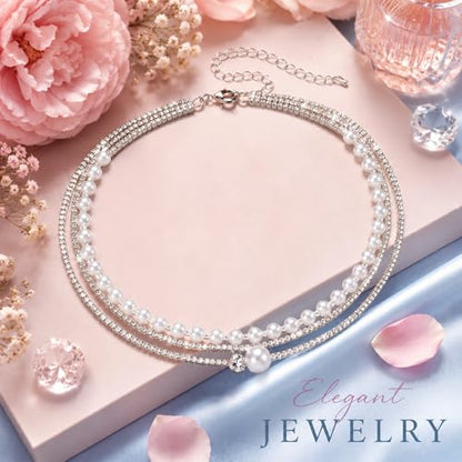 3-Layered Rhinestone Pearl Choker Necklaces for Women, Vintage Silver Necklace Prom, Multi Strand Pearl Necklace Choker for Women Wedding Bride