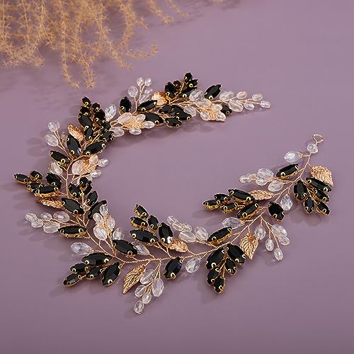 Kercisbeauty Gold Leaves Black Crystal Beads Headpiece for Women Wedding Bridal Hair Bands Boho Handmade Headband Prom (Gold) - color: Gold