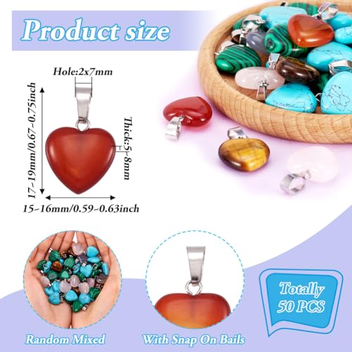 50pcs Heart Shaped Stone Pendants Healing Chakra Crystal Gemstone Rock Charms Random Mixed Bulk for Valentine's Day Gift Jewelry Making Hole: 2x7mm - color: 1-Mixed Color-Heart-Random 50pcs