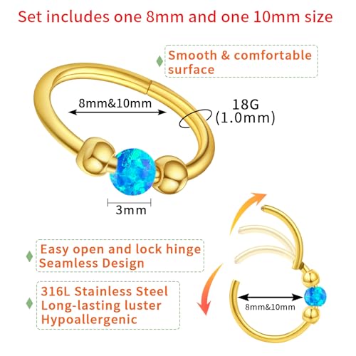 Thiswhyimbeauty 2PCS 18g Opal Nose Rings for Women Nose Hoops 8mm/10mm Hypoallergenic 316L Surgical Steel Nose Rings Piercing Jewelry Can Be Used as a Nose Ring, Septum Ring, and Cartilage Earring - color: A-Gold Blue opal