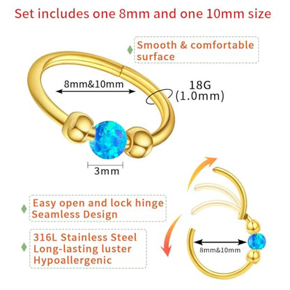 Thiswhyimbeauty 2PCS 18g Opal Nose Rings for Women Nose Hoops 8mm/10mm Hypoallergenic 316L Surgical Steel Nose Rings Piercing Jewelry Can Be Used as a Nose Ring, Septum Ring, and Cartilage Earring - color: A-Gold Blue opal