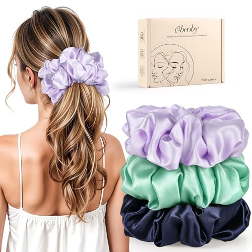 3 Pcs Satin Scrunchies for Thick Curly Hair, Oversized Sleep Hair Ties | Large Satin Hair Scrunchies,No-Crease Hold, Reduces Frizz and Tangles, Gentle for Sleep - color: Blue-green