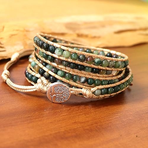 YGLINE Natural Stone Wrap Bracelet for Women Boho Bracelets Healing Crystal Beaded Bracelet Adjustable 3/5 Wraps Bracelet Handmade Birthday Gifts for Women - color: Agate(5 wraps)