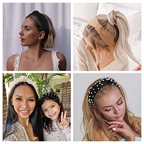 WOVOWOVO Headbands for Women Girls Knotted Wide Pearl head band Top Knot Head Bands for Women’s Hair Thick Headband Velvet HairBands 4Pcs