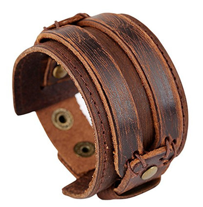 Leather Bracelet for Men Braided Stainless Steel Mens Bracelets - color: Brown 2