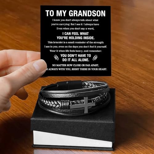 To My GrandSon Bracelet – Cross Braided Leather Bracelet, Meaningful GrandSon Gift from Grandpa & Grandma with Heartfelt Message Card & Elegant Gift Box for Birthday, Christmas, Graduation - color: Version#4