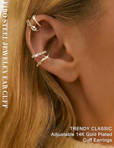 9PCS Ear Cuff Earrings for Women Non Piercing 14K Gold Plated - Hypoallergenic Adjustable Ear Cuffs Trendy Non Tarnish Clip on Cartilage Fake Earring Stacks Wrap Jewelry - color: Gold-14K