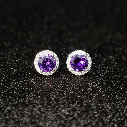 YOMELA Round Cubic Zirconia Stud Earrings for Women | Everyday Dainty, Diamond-Like Brilliance, CZ Halo Birthstone Studs, Hypoallergenic & Lightweight, Elegant & Versatile - color: Purple