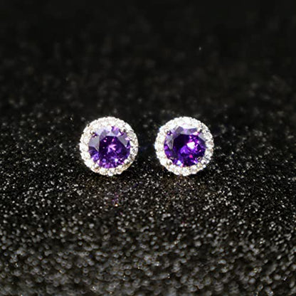 YOMELA Round Cubic Zirconia Stud Earrings for Women | Everyday Dainty, Diamond-Like Brilliance, CZ Halo Birthstone Studs, Hypoallergenic & Lightweight, Elegant & Versatile - color: Purple