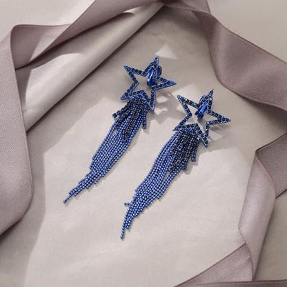 EVER FAITH Crystal Long Waterfall Star Tassel Clip-on Earrings for Women | Rhinestone Beaded Fringe Chandelier Dangle Statement Earring, Wedding Party Jewelry - color: Sapphire Blue Blue-Tone