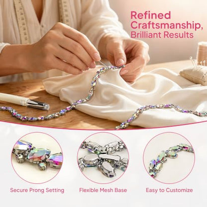 Rhinestone Chain Trim 1 Yard Sew-On Crystal for Wedding Bridal | 90cm long, 1.5cm wide marquise AB crystal bling chain with craft scissors for bridal dress veil cake DIY - color: Rainbow