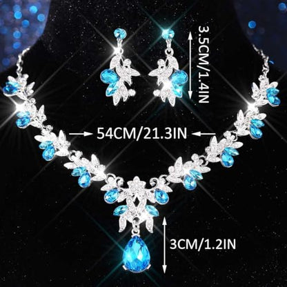 Rhinestone Bridal Wedding Jewelry Sets Gold Necklace Earrings Set Leaf Prom Formal Costume Jewelry Set for Women and Brides - color: Light Blue