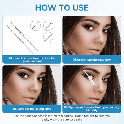 Piercing Tapered Ball Grabbing Tool for Changing Jewelry - 14G 16G 18G 20G Stainless Steel Flat Back Earring Applicator with Threaded, Internal Threaded, External Threaded Body Piercing Insertion Needle Kit for Ear Nose Navel Nipple Lip Eyebrow Tongue