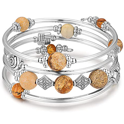 Beaded Pearl Bangle Wrap Bracelet - Fashion Bohemian Jewelry Multilayer Charm Bracelet with Thick Silver Metal Beads, Gift For Women - color: Picture Stone