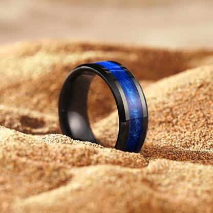 King Will Mens Galaxy Tungsten Wedding Band | 6mm/8mm, Beveled Edge, Comfort Fit, Durable, Sandstone Opal Inlay Polished, Everyday Wear - color: Black&Blue-8mm