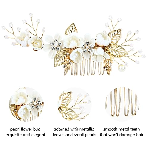 Cinaci 18 Pieces Bridal Wedding Party Prom Pearl Rhinestone White Flower Hair Side Combs Slides+U-shaped Flower Hair Pins+Twist Spiral Hairpins Floral Headpieces for Brides Bridesmaids Women Girls - color: Gold White