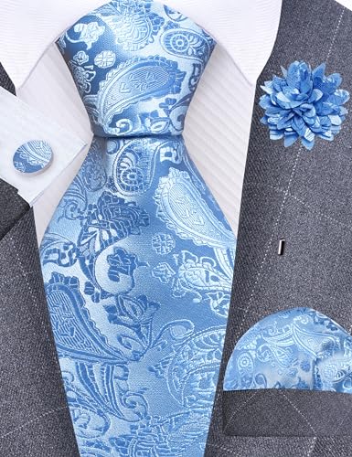 GUSLESON 3.15"（8cm） Mens Paisley Tie and Lapel Pin Necktie Hankerchief Cufflinks Set for Men - color: Baby Blue