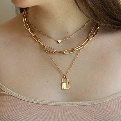 Turandoss Dainty Layered Choker Necklace, Handmade Y Pendant Necklace Multilayer Bar Disc Necklace Adjustable Layering Choker Necklaces for Women - style: 3PCS - Heart&Link Chain&Lock