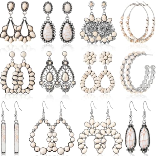 12 Pairs Turquoise Earring Set for Women Turquoise Bohemian Dangle Stud Earrings Round Metal Earrings Boho Vintage Oval Earring Metal for Jewelry - color: White, style: Fresh Style