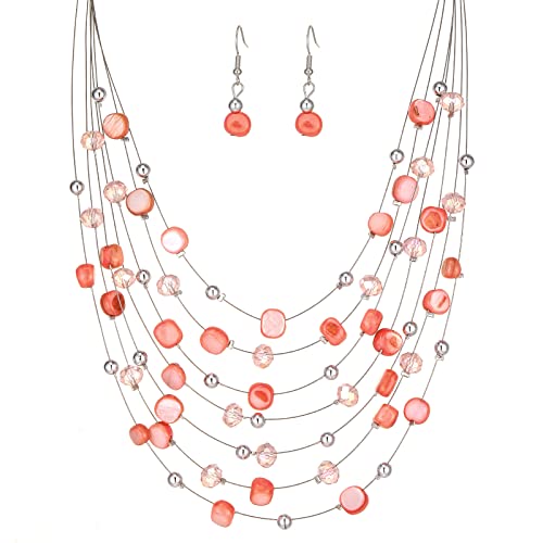 Multi-Layer Boho Shell Beaded Necklace for Women Colorful Crystal Strand with Silver Beads Statement Collars Necklace and Earrings Costumes Jewelry Sets for Women - color: Pink