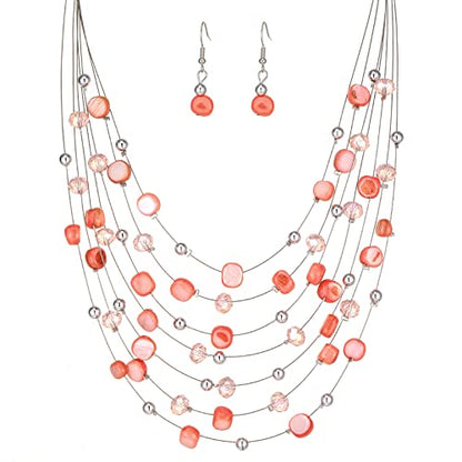 Multi-Layer Boho Shell Beaded Necklace for Women Colorful Crystal Strand with Silver Beads Statement Collars Necklace and Earrings Costumes Jewelry Sets for Women - color: Pink