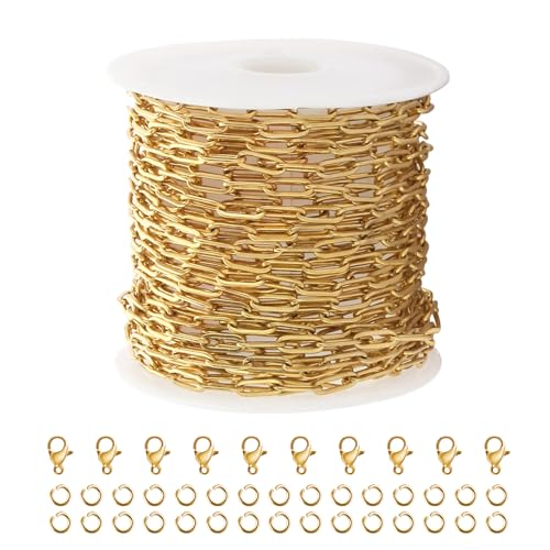 Kyutong 5M Gold PVD Plated Necklace Chain for Jewelry Making | 304 Stainless Steel Jewelry Chain Roll 3MM Paperclip Chain Link with Jewelry Clasps Men Women Handcraft DIY Jewelry Findings - color: 3mm Paperclip Gold
