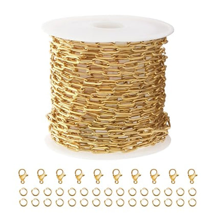 Kyutong 5M Gold PVD Plated Necklace Chain for Jewelry Making | 304 Stainless Steel Jewelry Chain Roll 3MM Paperclip Chain Link with Jewelry Clasps Men Women Handcraft DIY Jewelry Findings - color: 3mm Paperclip Gold
