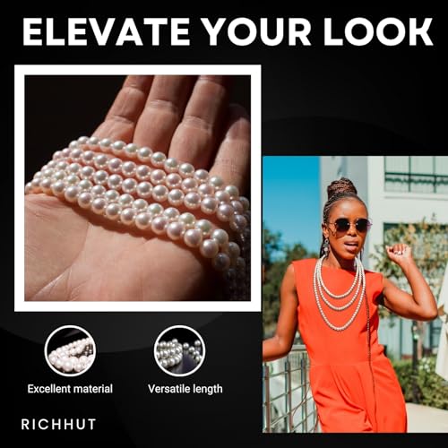 Women's Long Pearl Necklace - Natural Cultured Pearls - Luxurious 8mm Strand Pearls - 1920s Timeless Elegance - Great for Wives, Girlfriends, Sisters, and Besties - Length 60In/71In - color: Cream White, size: 71In