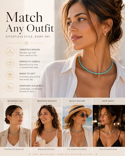 Natural Heishi Gemstone Choker Necklace for Women, Adjustable 15"+2" Beaded Layering Necklace, Coastal Beach Jewelry Gift for Her - color: Turquoise