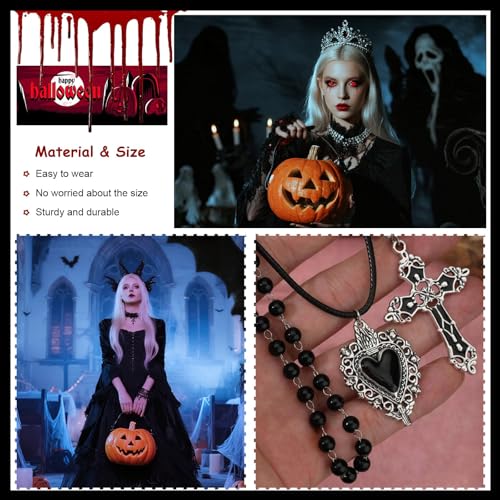 Gothic Necklaces for Women Cross Heart Pendant Layered Necklace Statement Jewelry Dark Romantic Gift for Halloween Parties - color: A:black