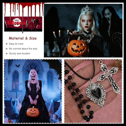 Gothic Necklaces for Women Cross Heart Pendant Layered Necklace Statement Jewelry Dark Romantic Gift for Halloween Parties - color: A:black