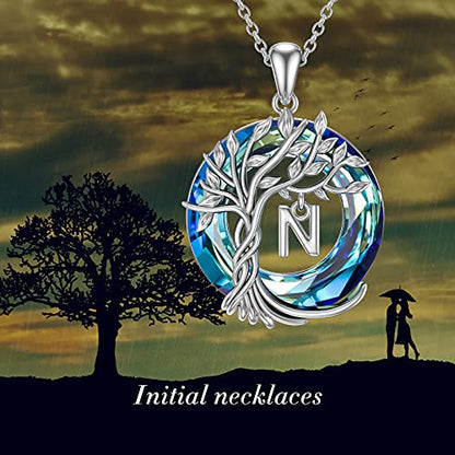 TOUPOP Gifts for Women Tree of Life Initial Necklace 925 Sterling Silver Letter Pendant with Blue Crystal Birthday Jewelry Gifts for Women Her Mom Wife Daughter - color: Tree of Life N Initial