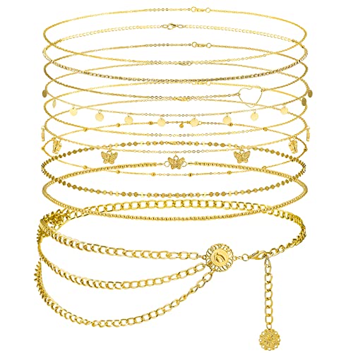 Lenwen 10 Pcs Summer Beach Belly Chain Adjustable Waist Multi Layered Chain Waist Jewelry for Women Girls Multilayer Body - color: Gold, style: Classic Style