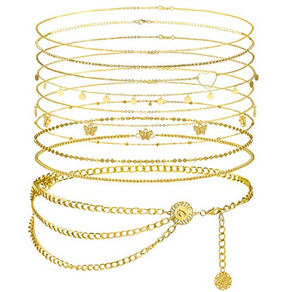 Lenwen 10 Pcs Summer Beach Belly Chain Adjustable Waist Multi Layered Chain Waist Jewelry for Women Girls Multilayer Body - color: Gold, style: Classic Style
