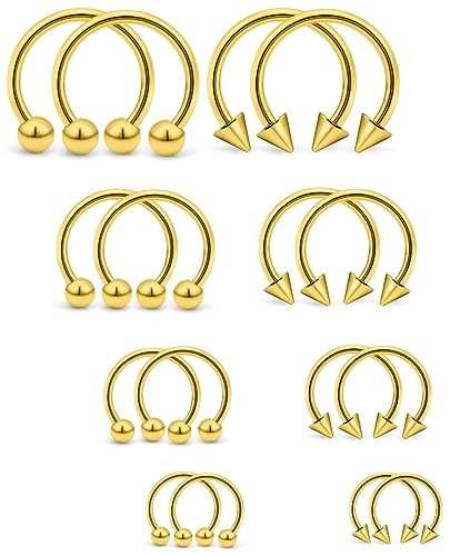 16PCS 16G Multiple Different Sizes Horseshoe Barbell Surgical Steel Nose Septum Rings Hoop Daith Earring Eyebrow Helix Vertical Lip Piercing Jewelry for Women Men - color: 16pcs,16g,diameter:6-12mm,goldtone