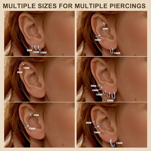ONESING 10 Pairs Mens Hoop Earrings Stainless Steel Silver/Black Mens Earrings Hoop Hypoallergenic Huggie Hoop Earrings for Men Women Multiple Piercings 8mm/10mm/12mm/14mm/16mm - color: Silver