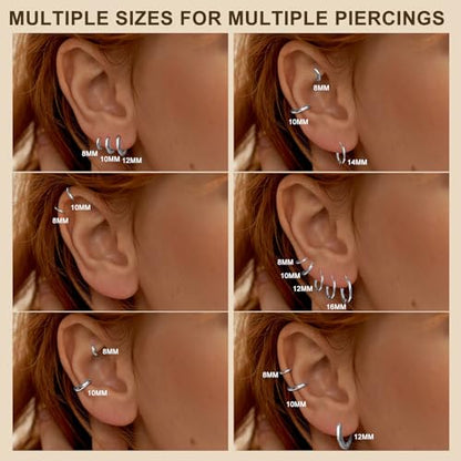 ONESING 10 Pairs Mens Hoop Earrings Stainless Steel Silver/Black Mens Earrings Hoop Hypoallergenic Huggie Hoop Earrings for Men Women Multiple Piercings 8mm/10mm/12mm/14mm/16mm - color: Silver