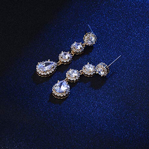 Women's Cubic Zirconia Bridal Earrings - Elegant Long Wedding Party Prom Earring for Bride Bridesmaids Crystal CZ Rhinestone Chandelier Statement Dangle Drop Earrings for girls - color: Clear-yellow gold
