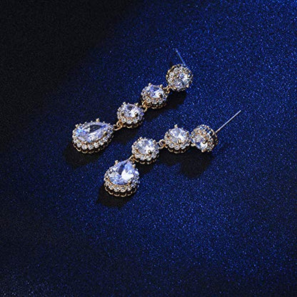 Women's Cubic Zirconia Bridal Earrings - Elegant Long Wedding Party Prom Earring for Bride Bridesmaids Crystal CZ Rhinestone Chandelier Statement Dangle Drop Earrings for girls - color: Clear-yellow gold