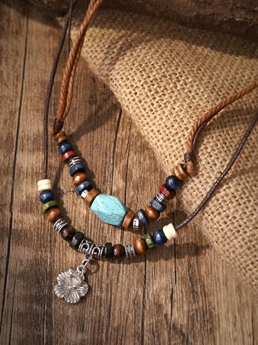 MINACHI Layered Boho Wood Bead Choker Necklace, Hollow Flower Charm, Personality Jewelry for Men and Women - style: Necklace L10-030