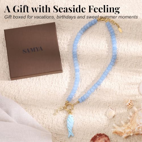 SAMYA Gemstone Beaded Necklace for Women | Ocean Charm Necklace with 8x4mm Natural Dyed Jade Beads, Adjustable 16"+2" Beach Necklace for Women - color: Aquamarine color